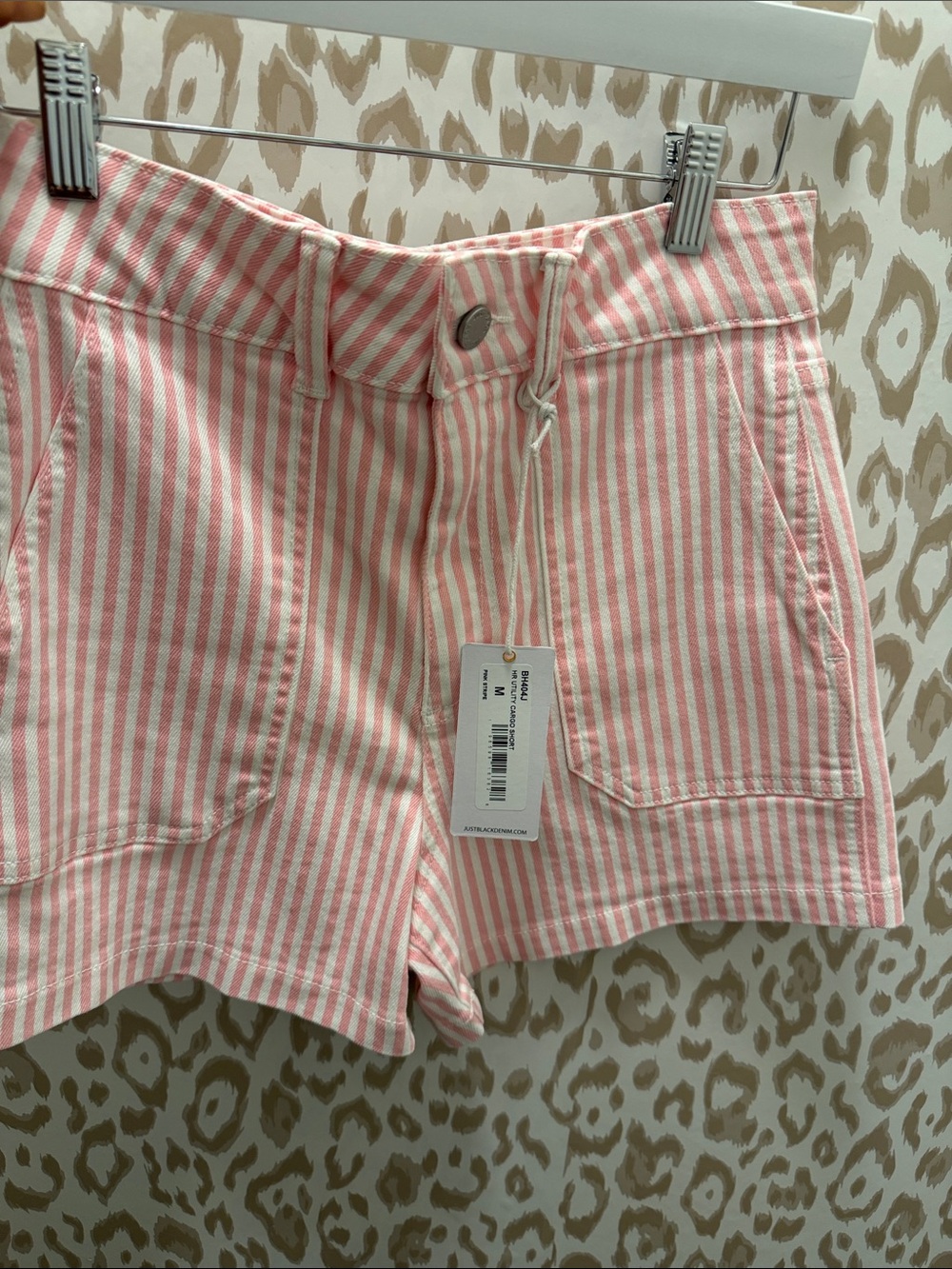 Just Black Pink and White Striped High-Waist Cargo Shorts